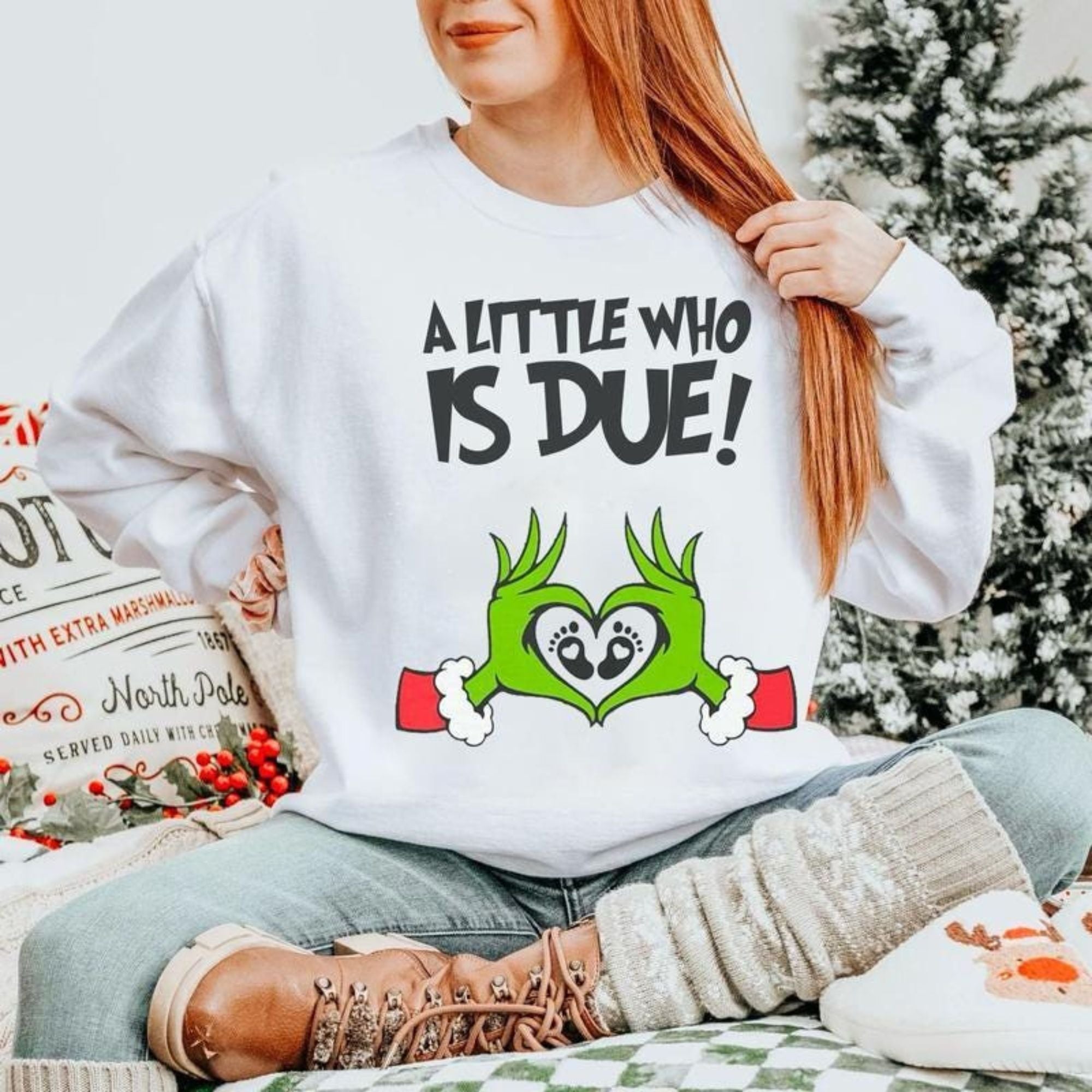 Christmas Pregnancy Reveal Sweatshirt – A Little Who Is Due Shirt, Holiday Maternity Christmas Top, Cute Pregnant Announcement Sweater