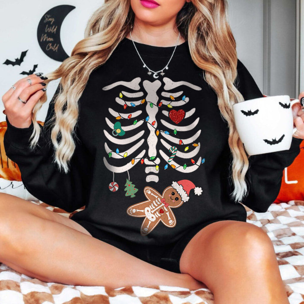 Pregnant Christmas Skeleton Sweatshirt – Funny Pregnancy Announcement Holiday Shirt, Maternity Christmas Sweater for Mom To Be